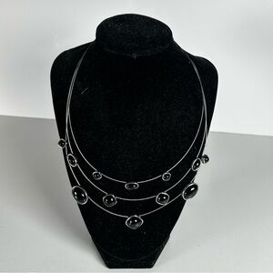 Napier Necklace 3 strands silver tone Faux Silver Eith Onyx Stone Vintag adjusta